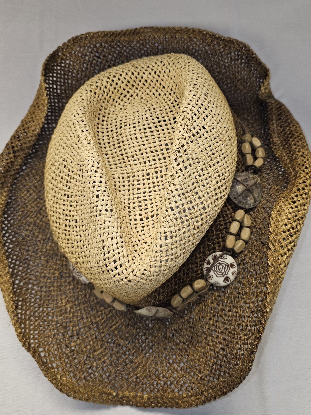 The Best River/Summer/Water Garden Handwoven 2 Tone Straw Hat  Bead Accent - Tan